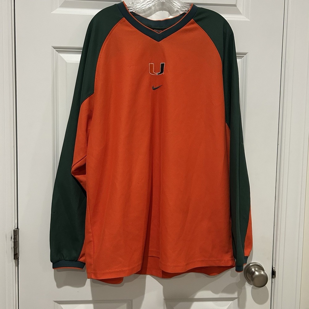 VTG Nike Team Mens XL Long Sleeve Miami Hurricanes Center Swoosh V Neck Shirt
